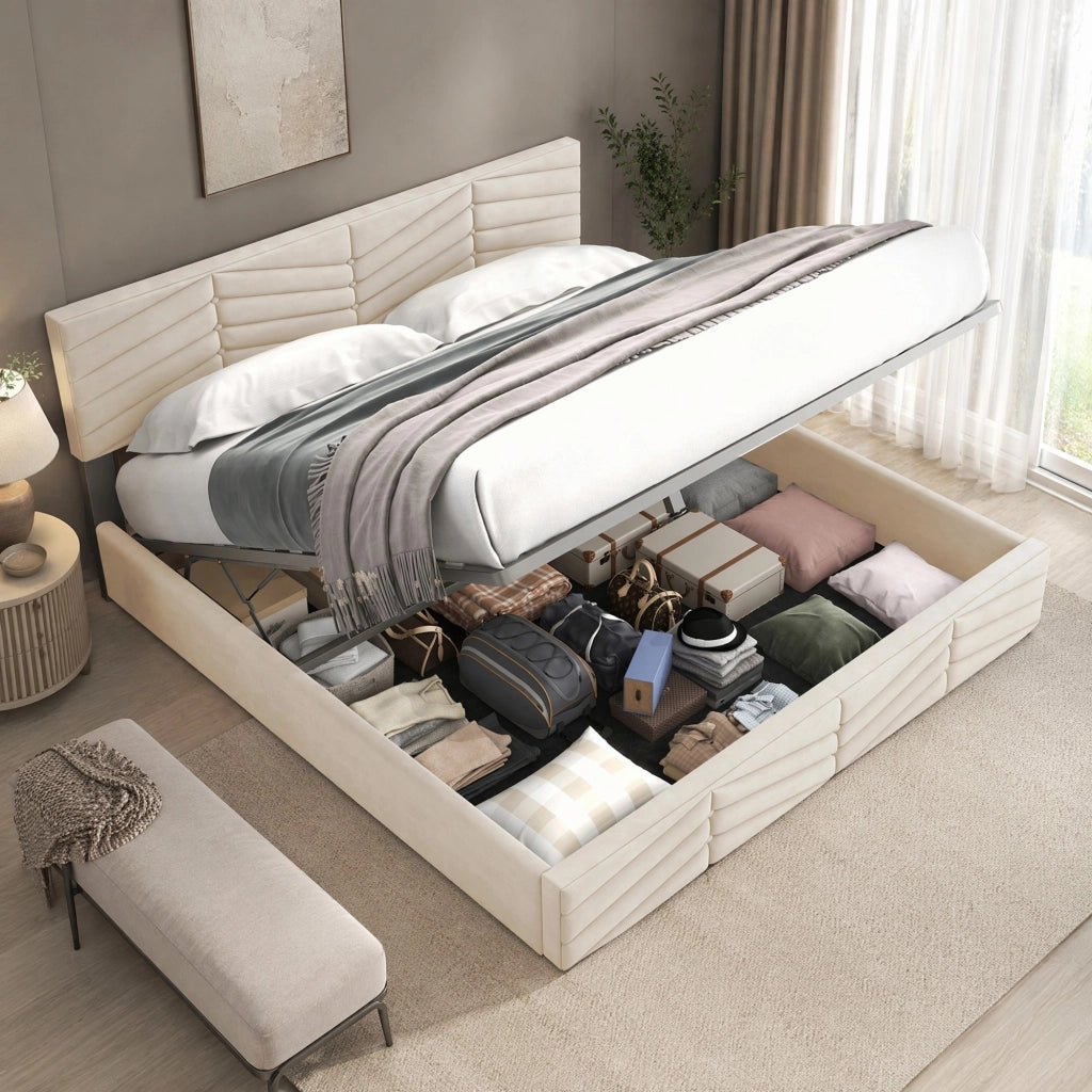 Letto imbottito 140x190 cm con testiera regolabile, velluto beige, rete a doghe, struttura stabile