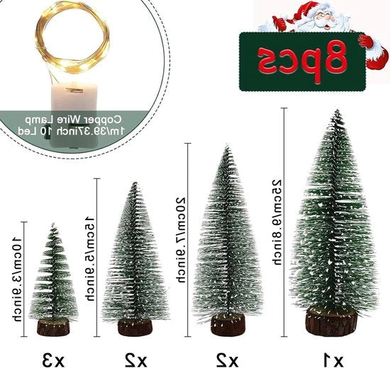 Alberi di Natale Mini - Set di 8 con Luce LED e Base in Legno per Decorazione