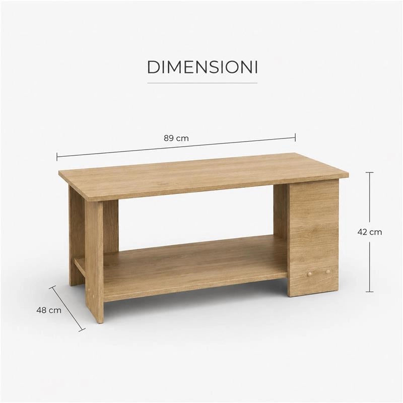 TAVOLO DA CAFFÈ RETTANGOLARE CON RIPIANO E 4 SUPPORTI COLORE ROVERE DIMENSIONI 89X48X42 CM