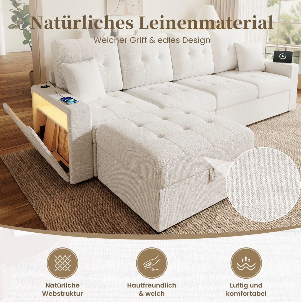 Divano 4 posti beige con pouf contenitore; LED; porte USB e Type-C; rivestimento in lino