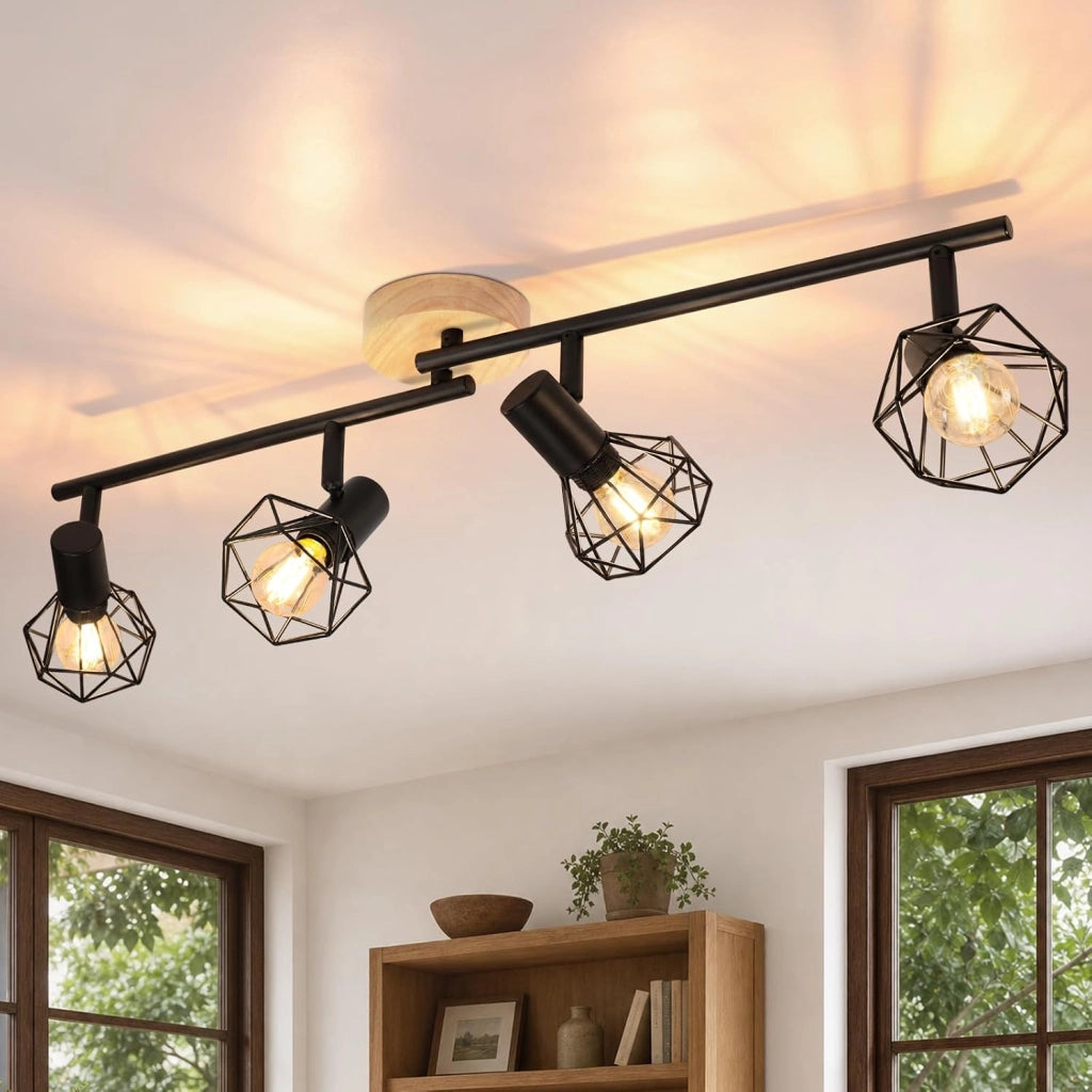 ZMH Faretto da soffitto 4 Luci Nero Legno E14 Vintage Industriale Orientabile 350¡ã per Cucina Soggiorno Senza Lampadina