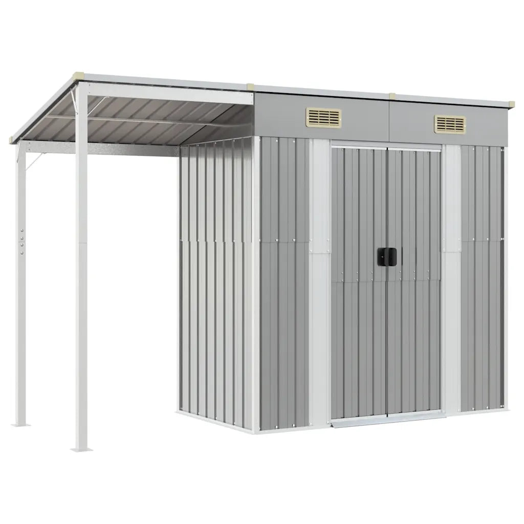 Casetta da giardino con tetto allungato grigio chiaro 277x107x181 cm in acciaio 364525