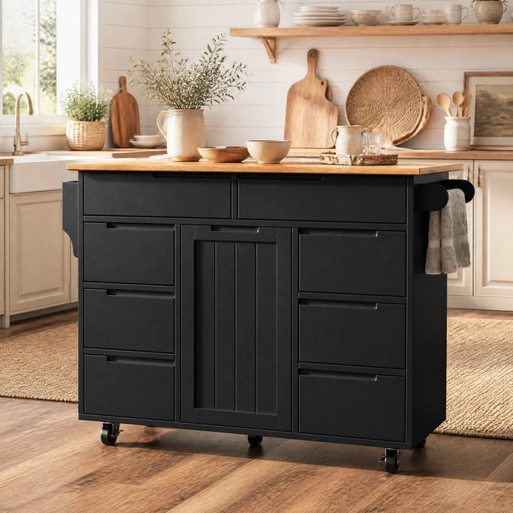 Carrello da cucina con piano ribaltabile; 8 cassetti e ruote; MDF nero