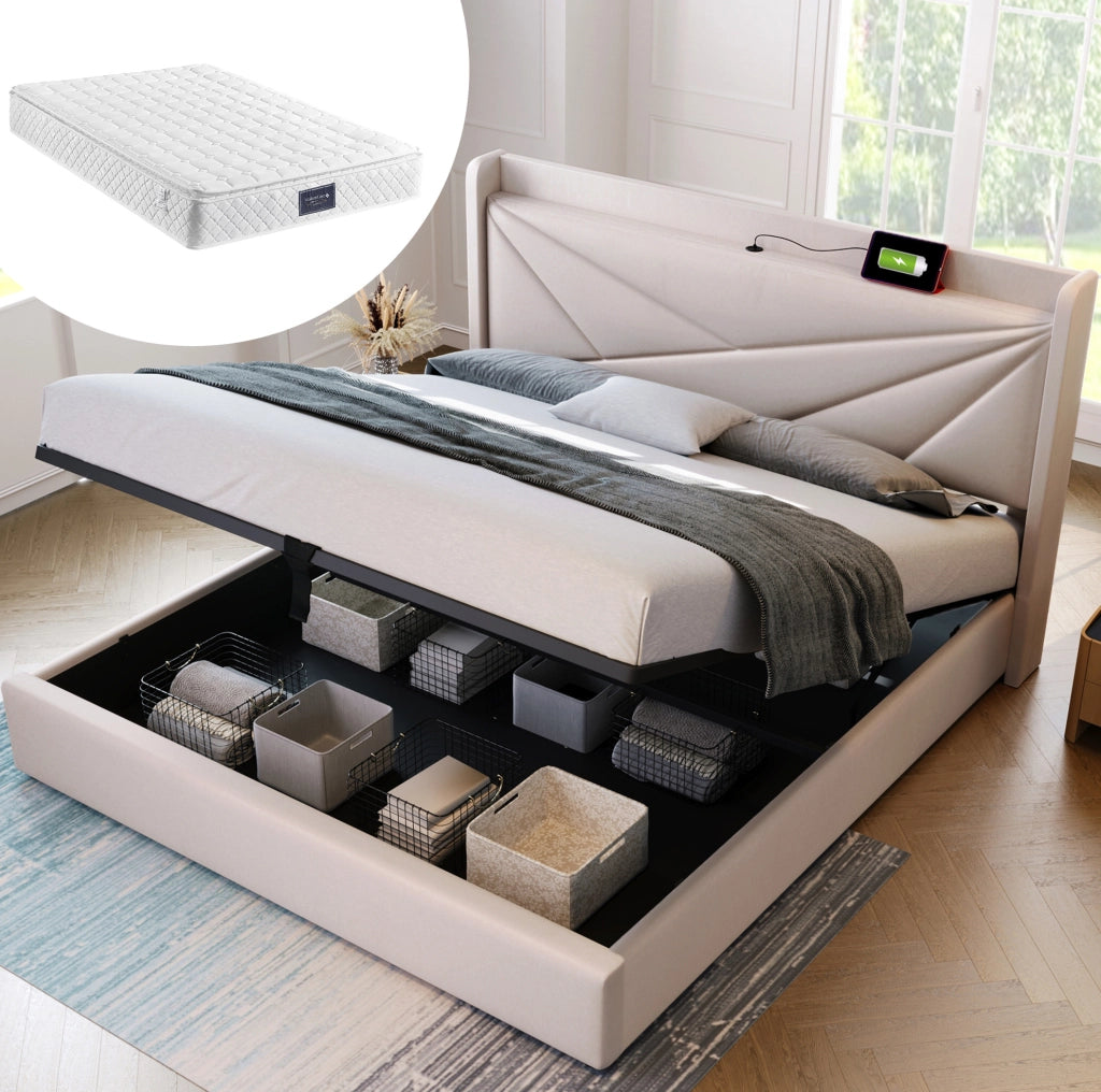 Letto matrimoniale 160x200 cm con contenitore; testiera con USB e Type-C; beige in cotone e lino