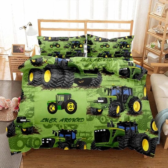 Asciugamani per bambini, tractor, 100 x 135 cm + coperta per seggiolino 40 x 60 cm, 3D stampati con trattori, per bambini, tende da letto, asciugamani per bambini, set di tende da letto invertibili con chiusura a zip.