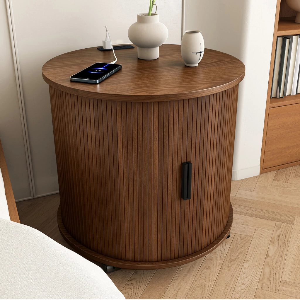 TAVOLINO BEISTELL TAVOLO CILINDRICO 60x60x60 cm MDF Walnuss con presa e 2 USB