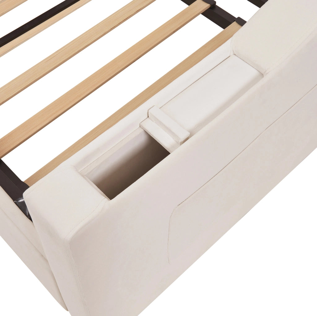 Divano letto imbottito 90x190 cm trasformabile in 180x190 cm; velluto beige con USB