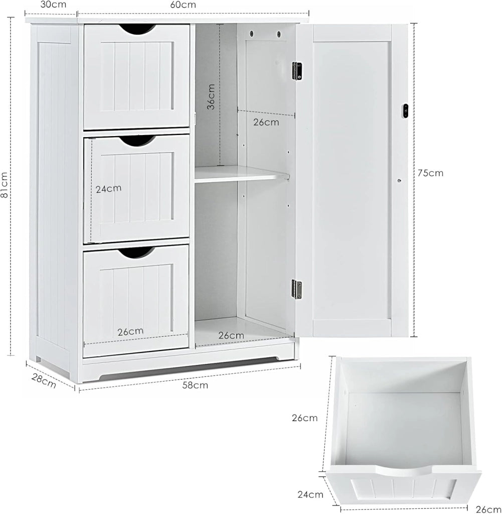 Mobile da Bagno, Mobile da Terra con 3 Cassetti e Anta, Ripiano Regolabile, per Bagno, Camera da Letto, Salotto, Cucina, 60x 30x 81cm (Bianco)