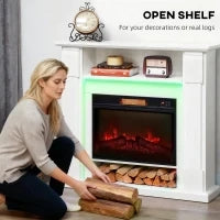 Camino Elettrico 1800W Regolabile con Fiamma 3D, Ripiano, Timer e Telecomando, 105x27x97 cm, Bianco