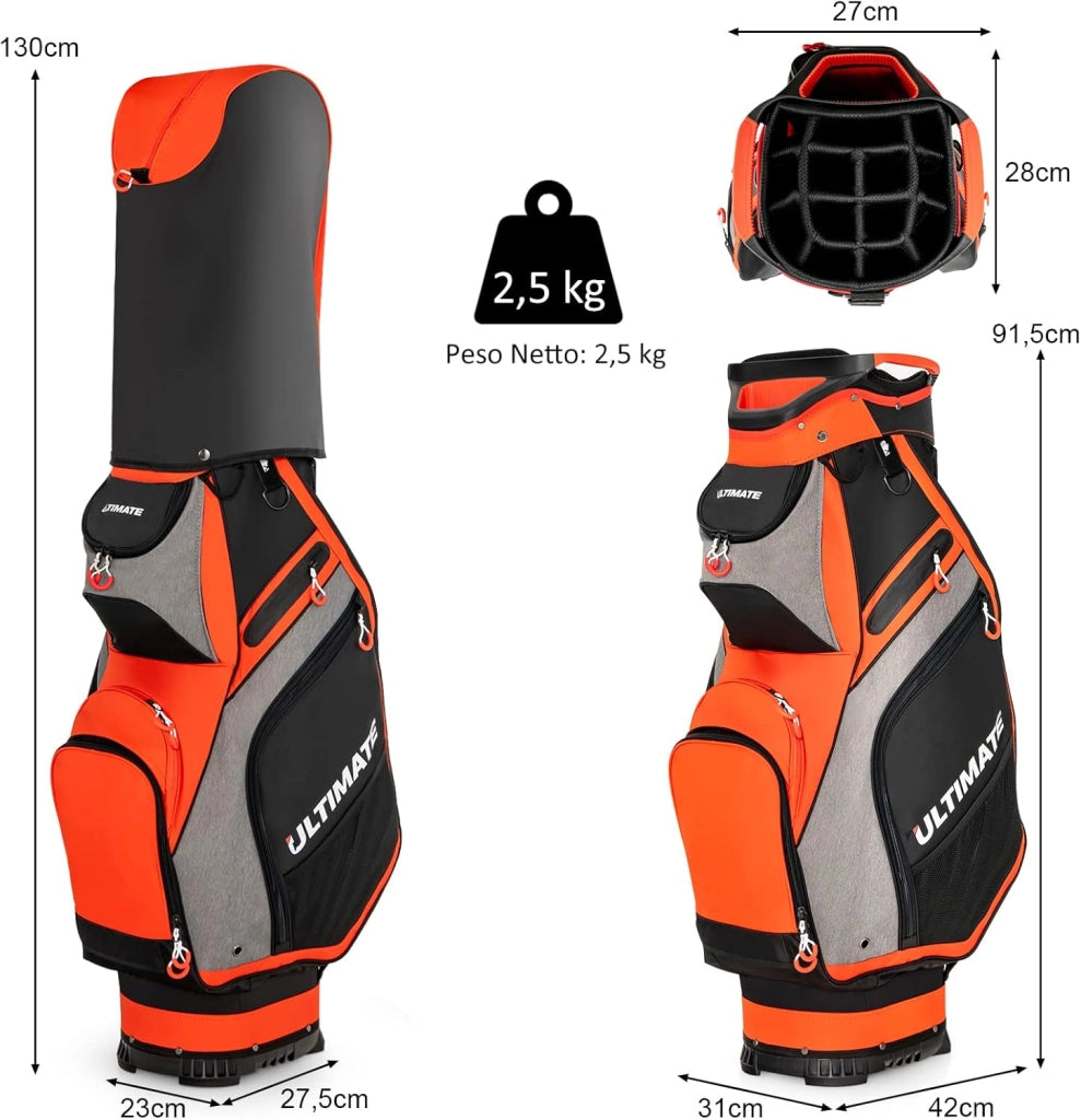 Borsa da Golf Portatile con 14 Divisori Superiori a Tutta Lunghezza, 7 Tasche con Cerniera, Cappuccio Antipioggia, Tracolla, Manico e Portaombrelli, Ideale per Uomini e Donne (Rosso e Grigio)