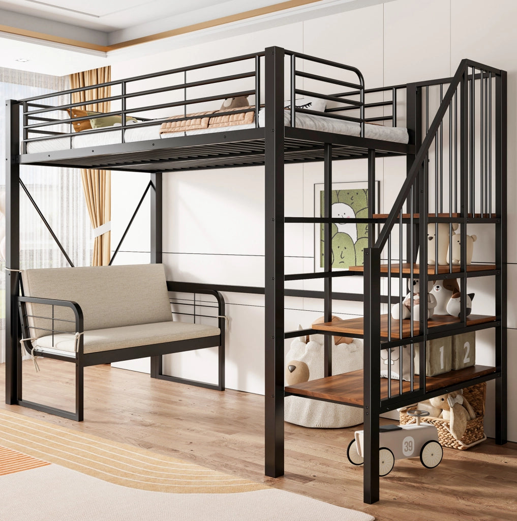Letto a castello 90x200 cm in metallo e MDF con divano imbottito rimovibile; scala contenitore; nero