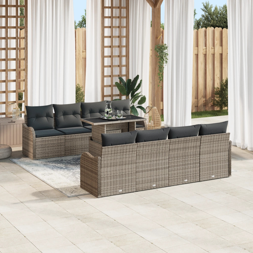 Set da giardino 9 pezzi con cuscini Grigio Polyrattan
