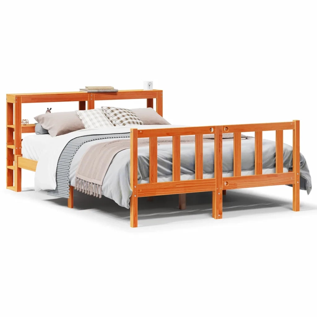 Giroletto con Testiera-Struttura Letto con testiera Marrone Cera 135x190 cm Massello Pino 499141
