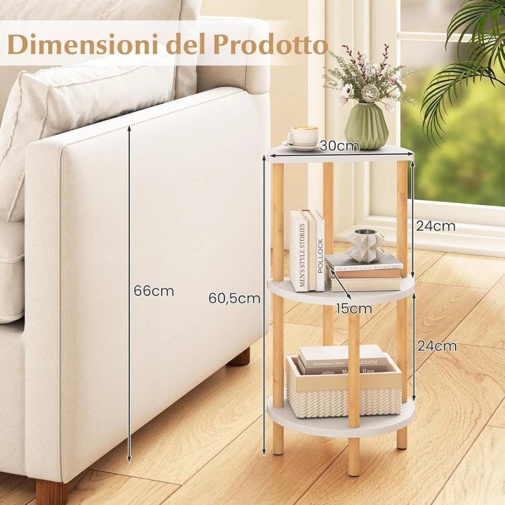 Set di 2 Tavolini da Salotto, Tavolino Laterali Circolari a 3 Ripiani con Struttura in Bamboo, Tavolino Basso da Divano e Letto per Soggiorno e Camera da Letto