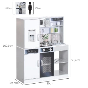 Cucina giocattolo interattiva in legno bianca con lavello, effetti luce e suono, accessori inclusi