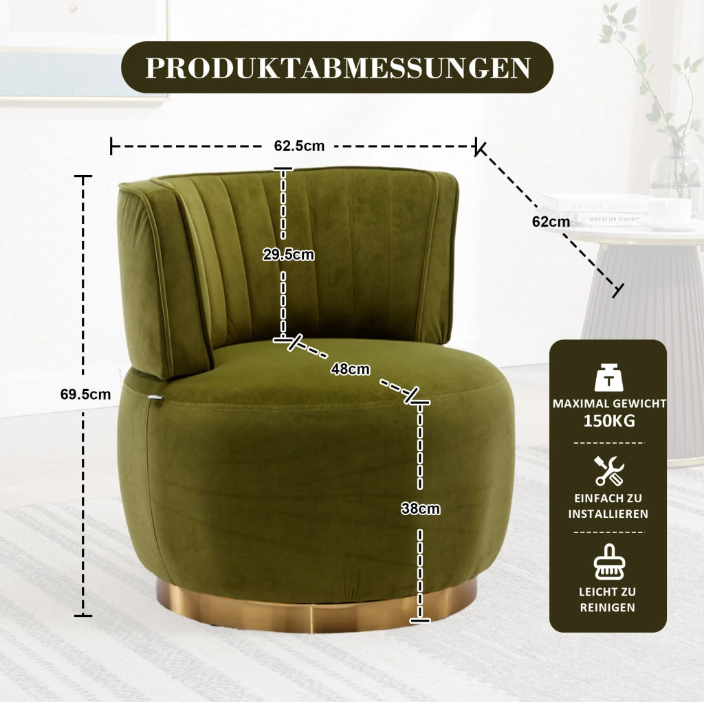 Poltrona girevole a 360° in velluto verde oliva; con schienale ergonomico; 62;5 x 62 x 69;5 cm