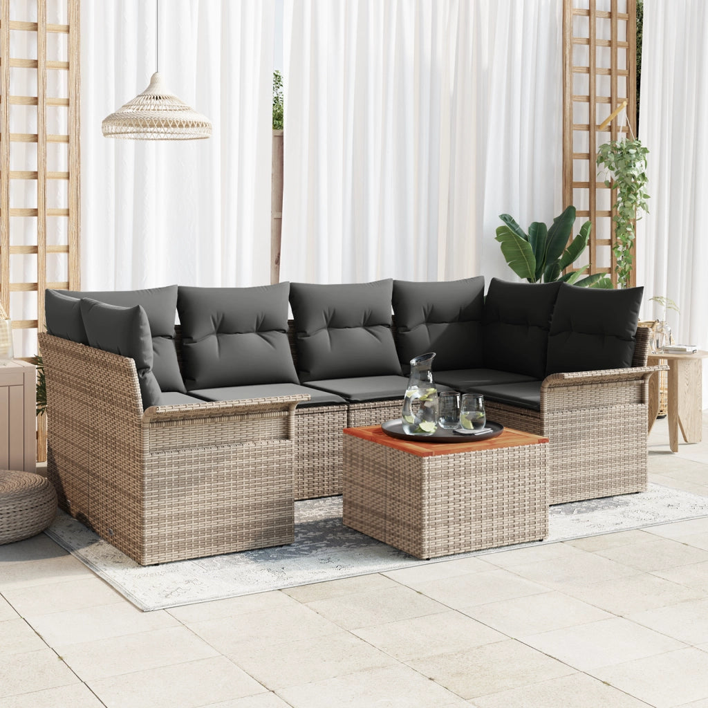 Set di divani da giardino a 7 pezzi con cuscini grigi in polirattan e acacia