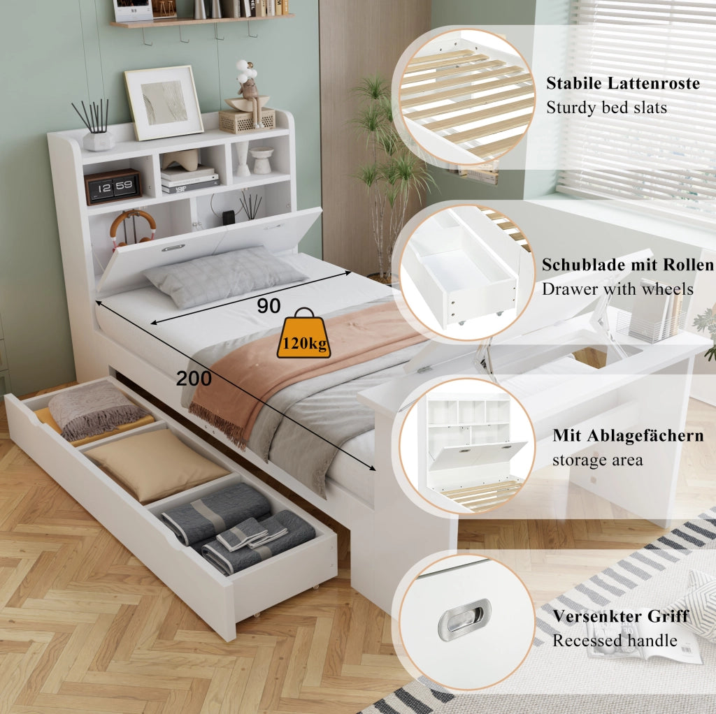 Letto singolo 90x200 cm con tavolo pieghevole e cassetto