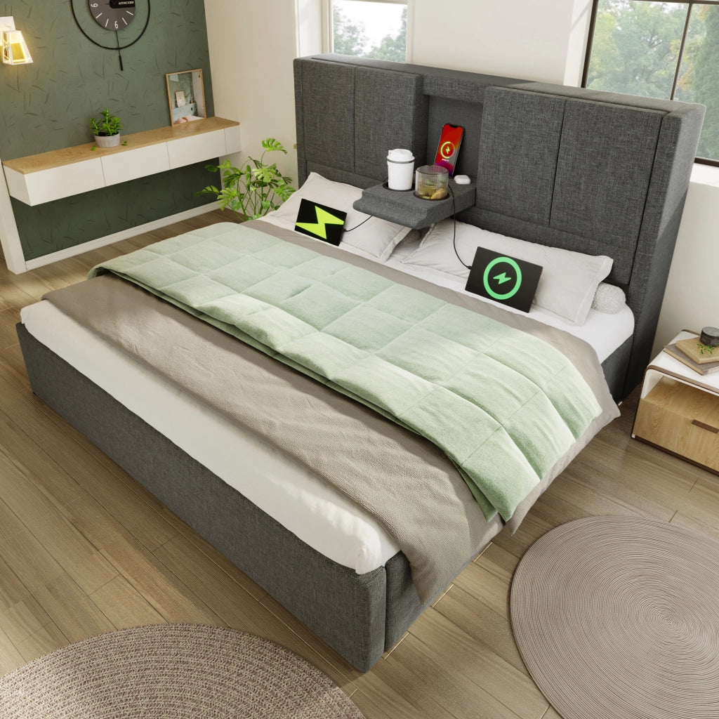 Letto imbottito 140x200 cm con contenitore, porta bicchieri nascosto e stazione di ricarica, grigio