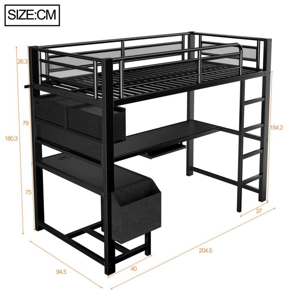 Letto a soppalco 90x200 cm con scrivania; LED e presa di ricarica in MDF e metallo nero