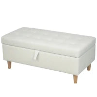 Poggiapiedi imbottito con vano portaoggetti, gambe in legno, rivestimento in tessuto morbido, Bianco crema