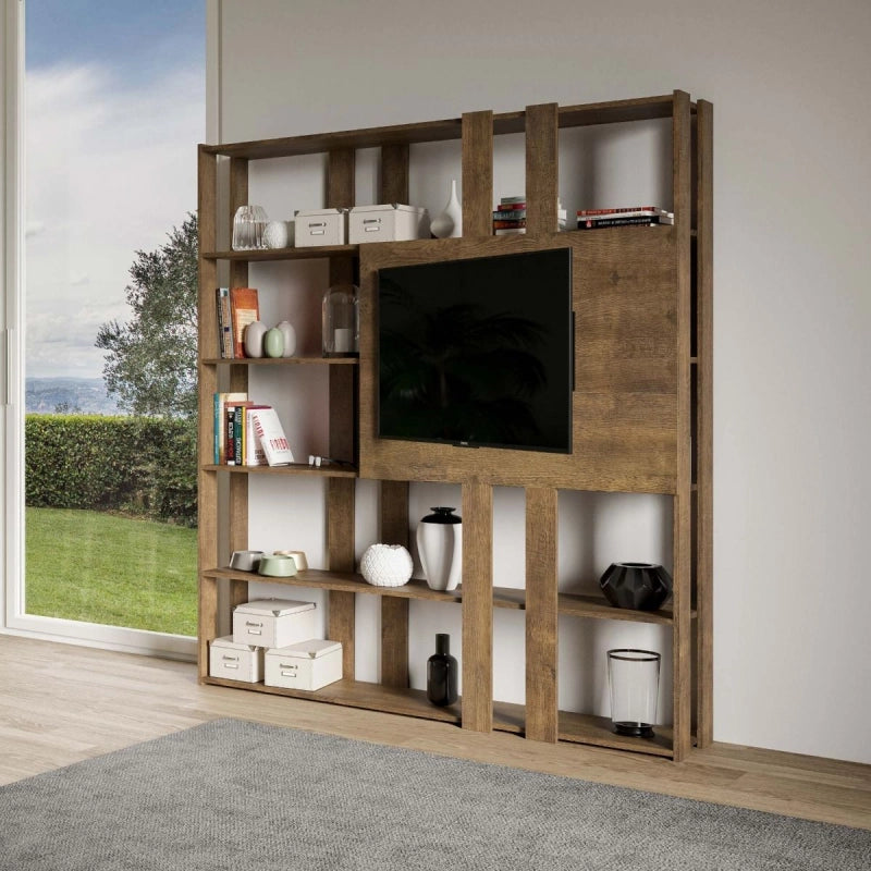 Composizione Libreria Kato 6R 2 fianchi 2 fasce lunghe 2 fasce corte 2 fasce medie pannello TV - Noce,N