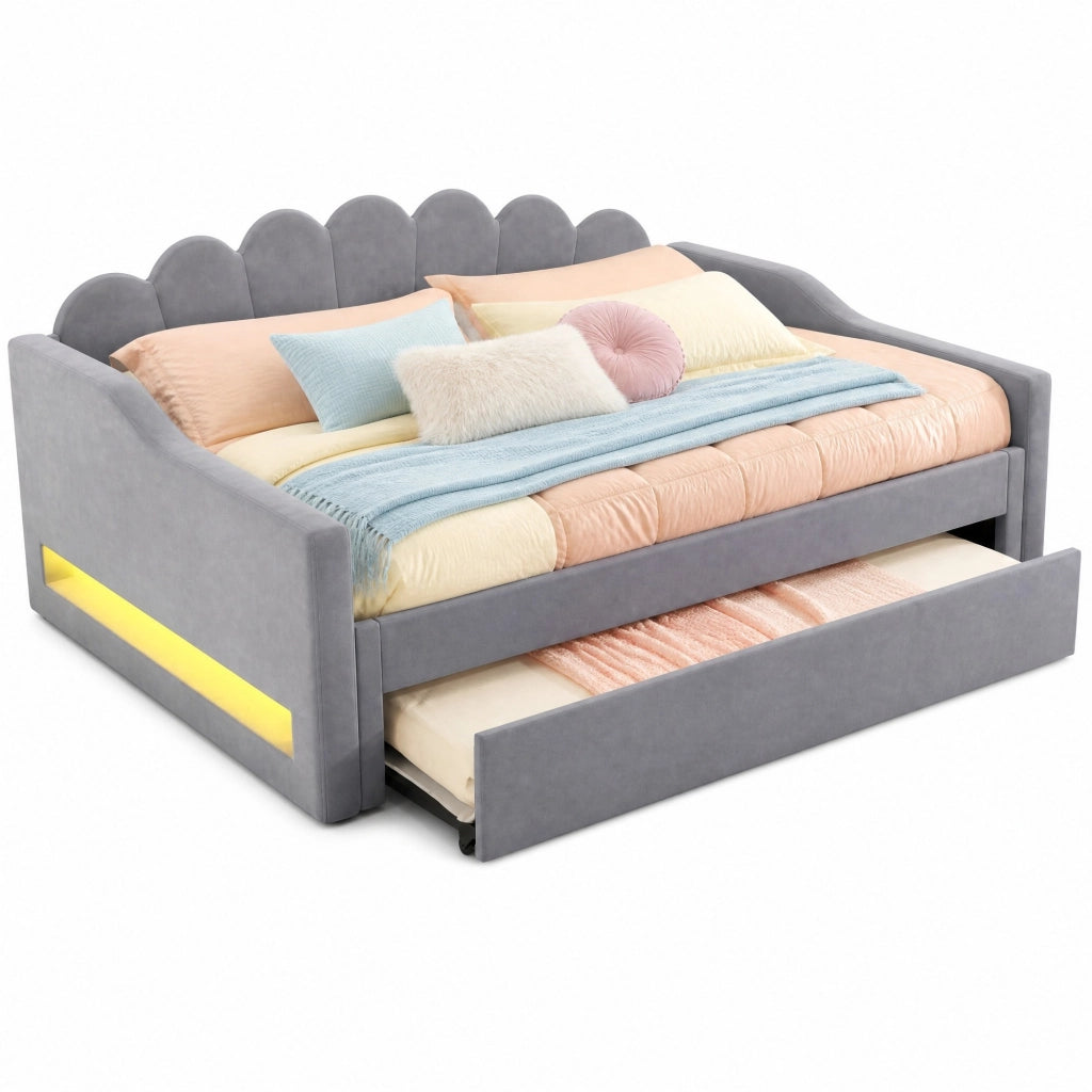 Letto imbottito 140x200 cm con LED e letto estraibile, grigio