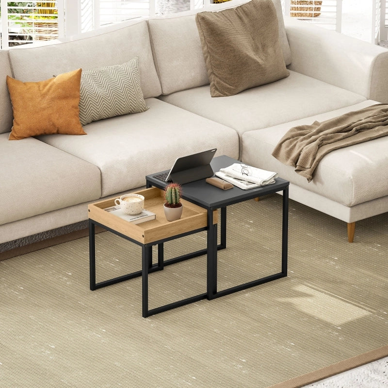 Tavolini bassi impilabili set da 2 pezzi in MDF e acciaio con vassoio rimovibile, design moderno, per soggiorno, nero