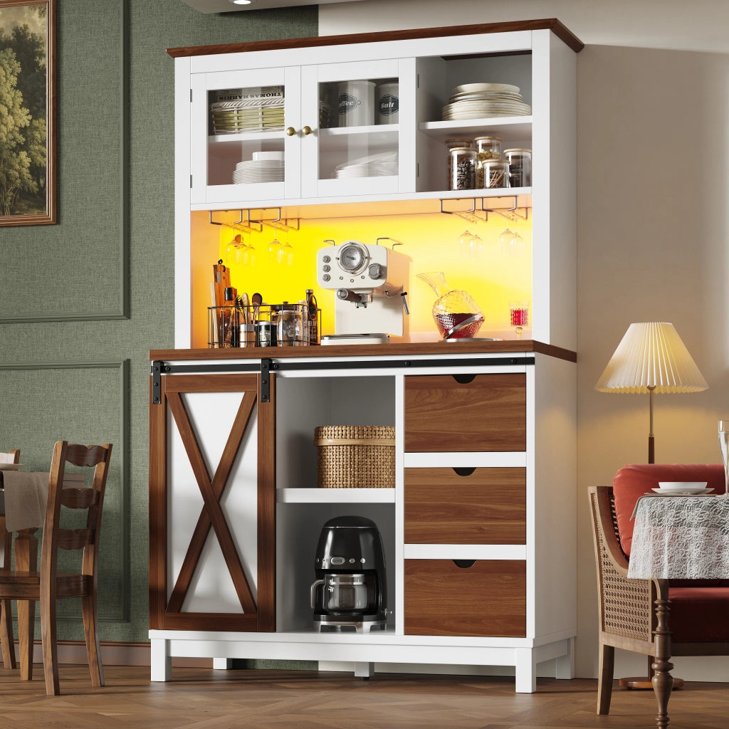 OKWISH Credenza Alta da Cucina con Porta Scorrevole, Ripiani Regolabili e LED, per Cucina, MDF Metallo Vetro, Bianco 104×40×180 cm