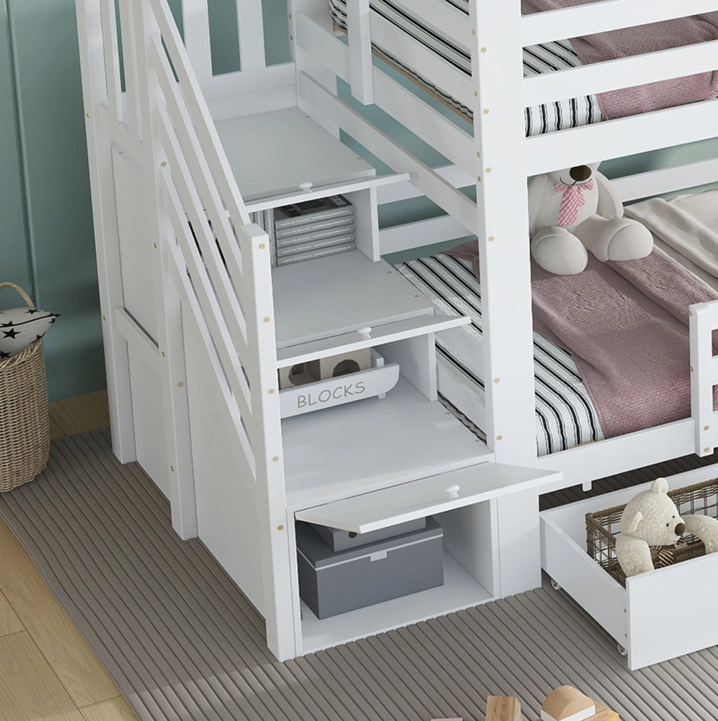 Letto a castello per bambini bianco con scala contenitore