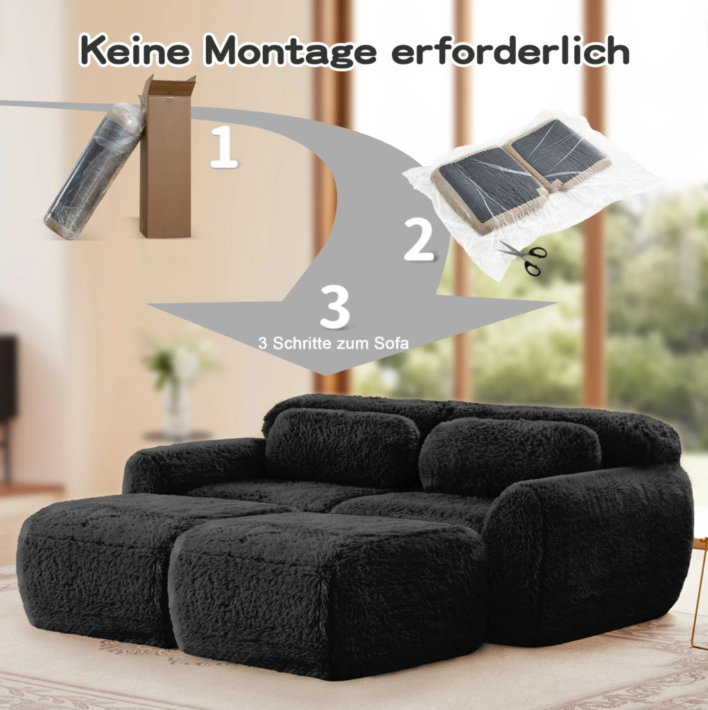 Divano modulare angolare in tessuto plush; 204x179x73 cm; nero