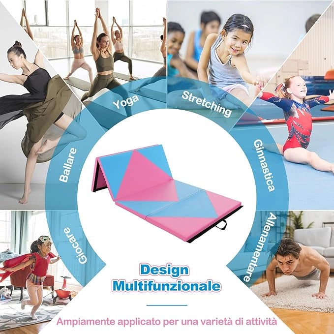 Tappetino Ginnastica Pieghevole 240 CM, Tappetino Fitness con Maniglie e Chiusure a Strappo per Stretching, Yoga, Arti Marziali da Casa e Palestra