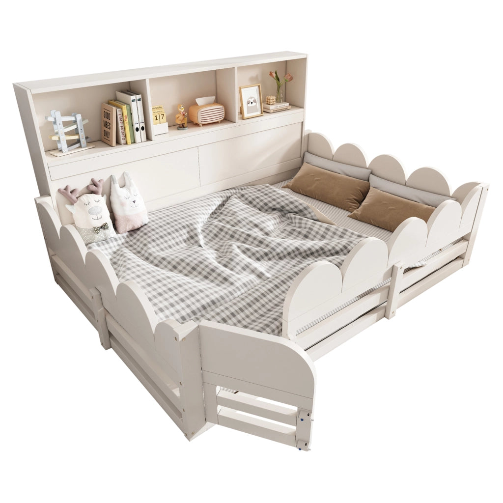 Letto a pavimento per bambini 140x200 cm bianco in legno con sponde; porta e ripiani