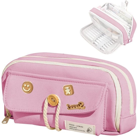 Etui a 4 tasche con chiusura a cerniera - Decorazioni con patch - Materiale in canapa resistente - Adatto per scuola/casa/ufficio