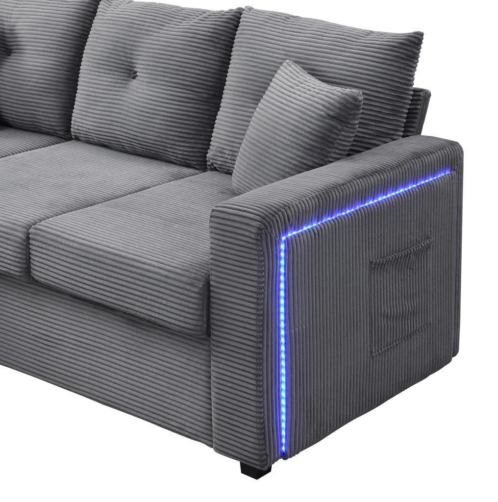 Divano modulare a L con illuminazione LED; ottomano multifunzione; in cord; grigio antico