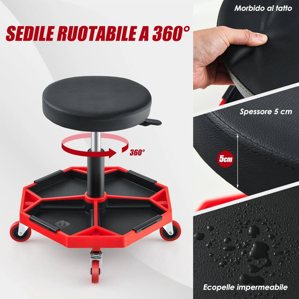 COSTWAY Sgabello da Officina con Ruote, con Ripiano per Attrezzi e Viti, Portata di 150 kg, Altezza Regolabile e Girevole, Sedia Meccanico per Garage, Officina (Rosso)