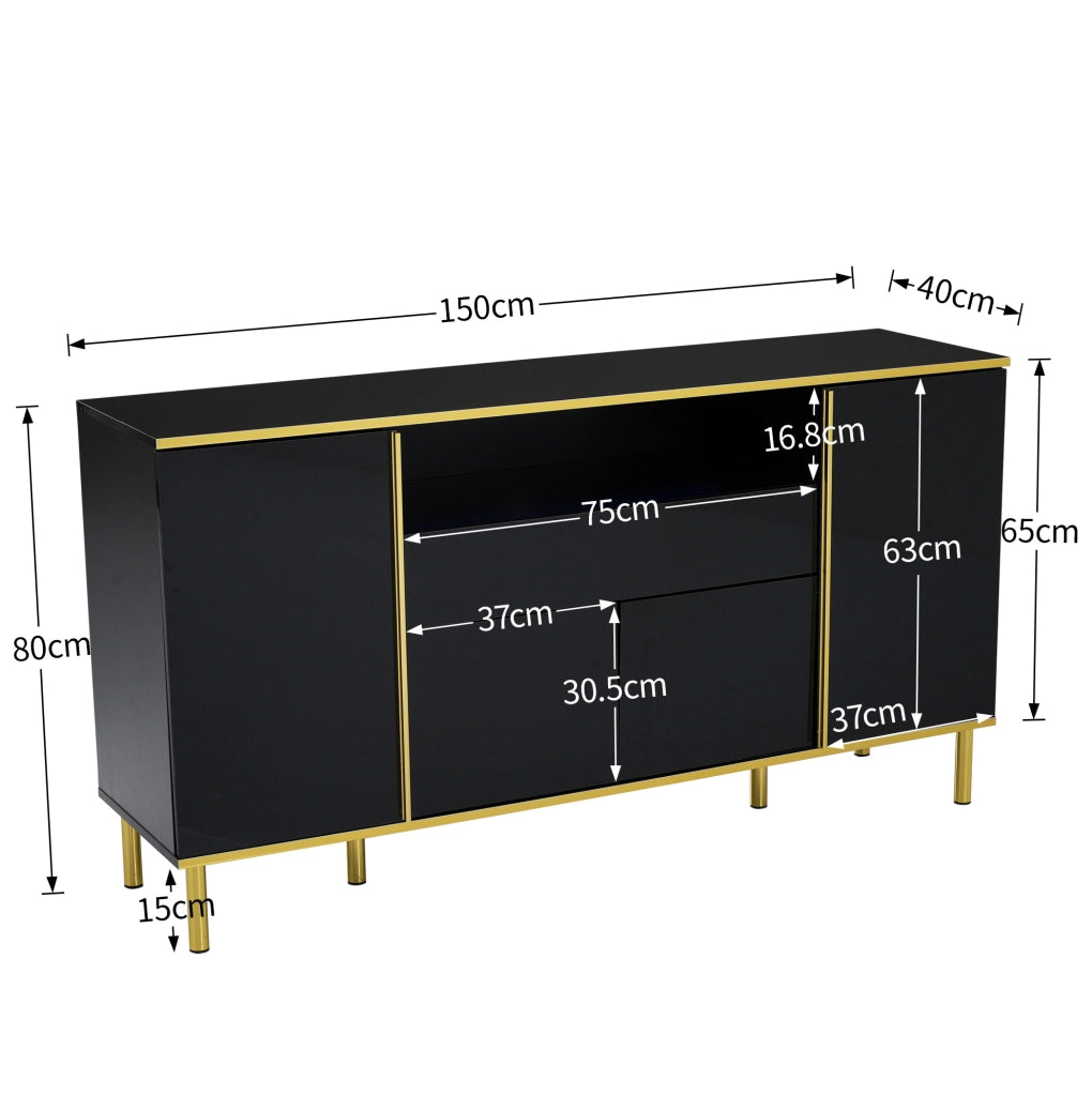 credenza 150x40x80 cm nera – contenitore LED con 4 ante