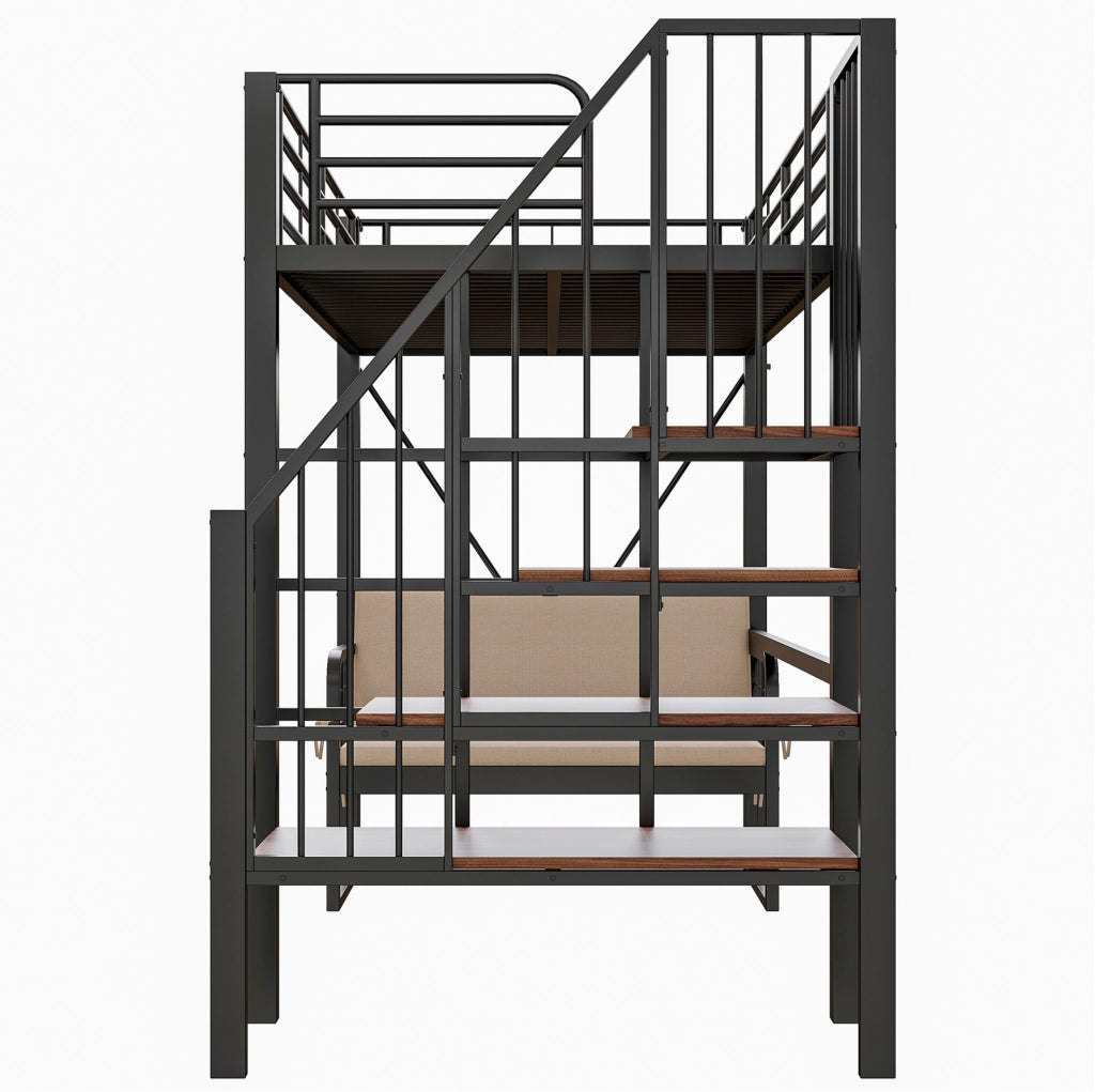 Letto a castello 90x200 cm con scala contenitore e divano imbottito removibile in metallo nero