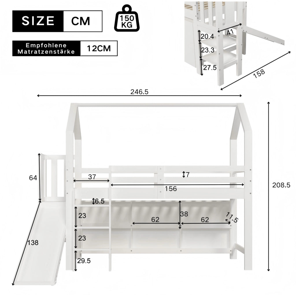 Letto singolo per bambini 90x200 cm con scivolo, scale, armadi e ripiani bianco