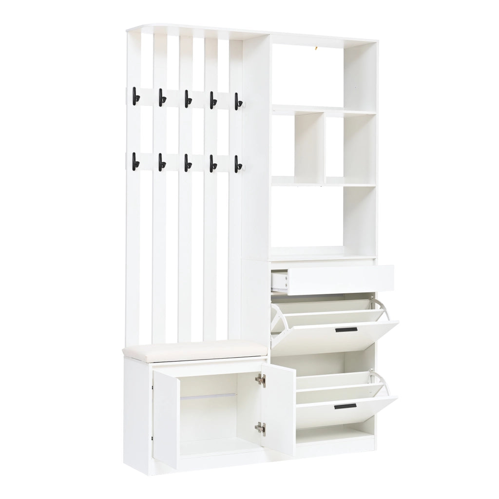 Garderoba da ingresso multifunzionale 120x30x200 cm in MDF bianco con panca imbottita, 2 vani portascarpe, cassetto e 10 ganci