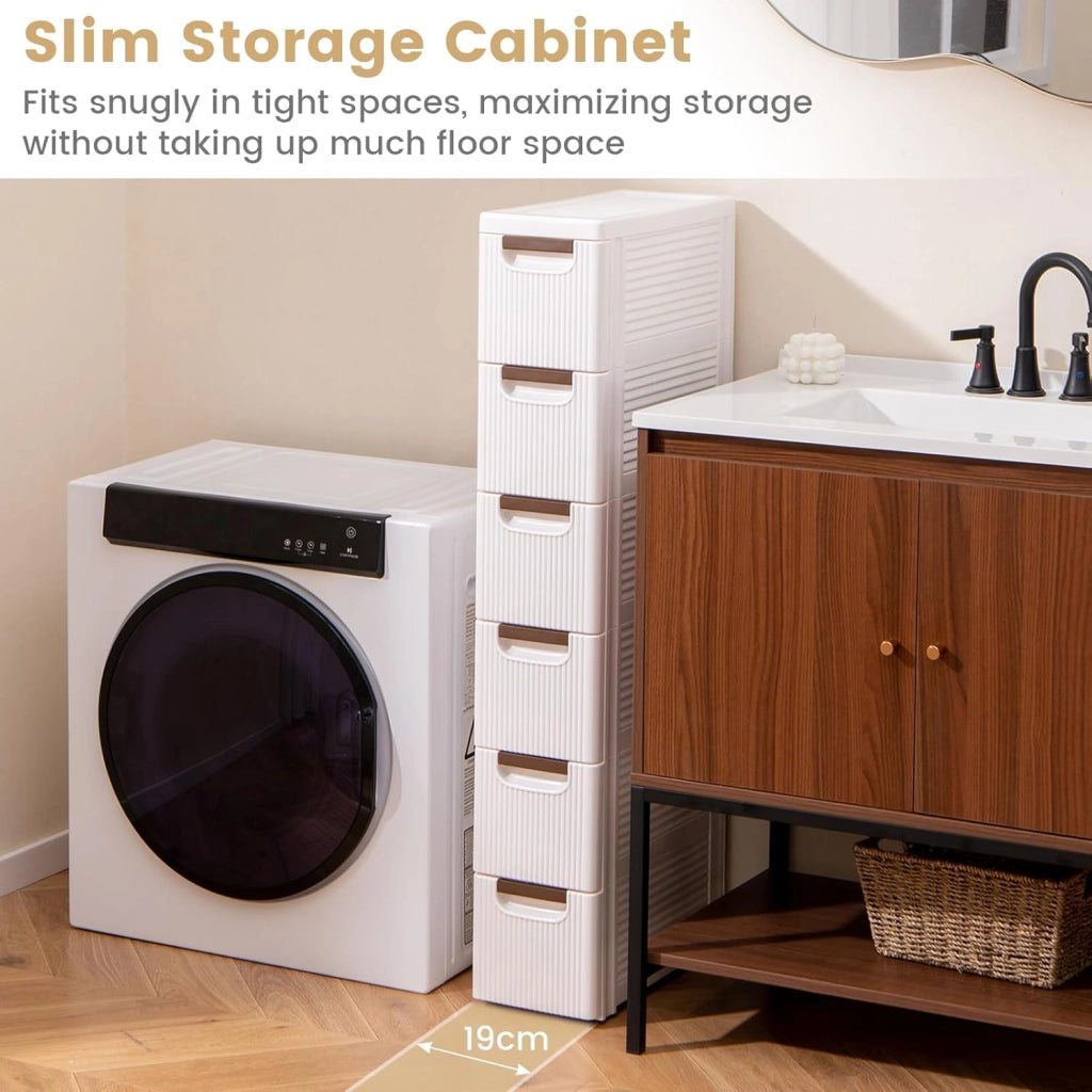 Mobiletto Stretto con Ruote, Carrello e Organizzatore Slim con 3/4/5/6 Cassetti per Spazi Piccoli, Cassettiera di Plastica per Soggiorno, Bagno, Cucina, Bianco (42 x 19 x 109 cm)