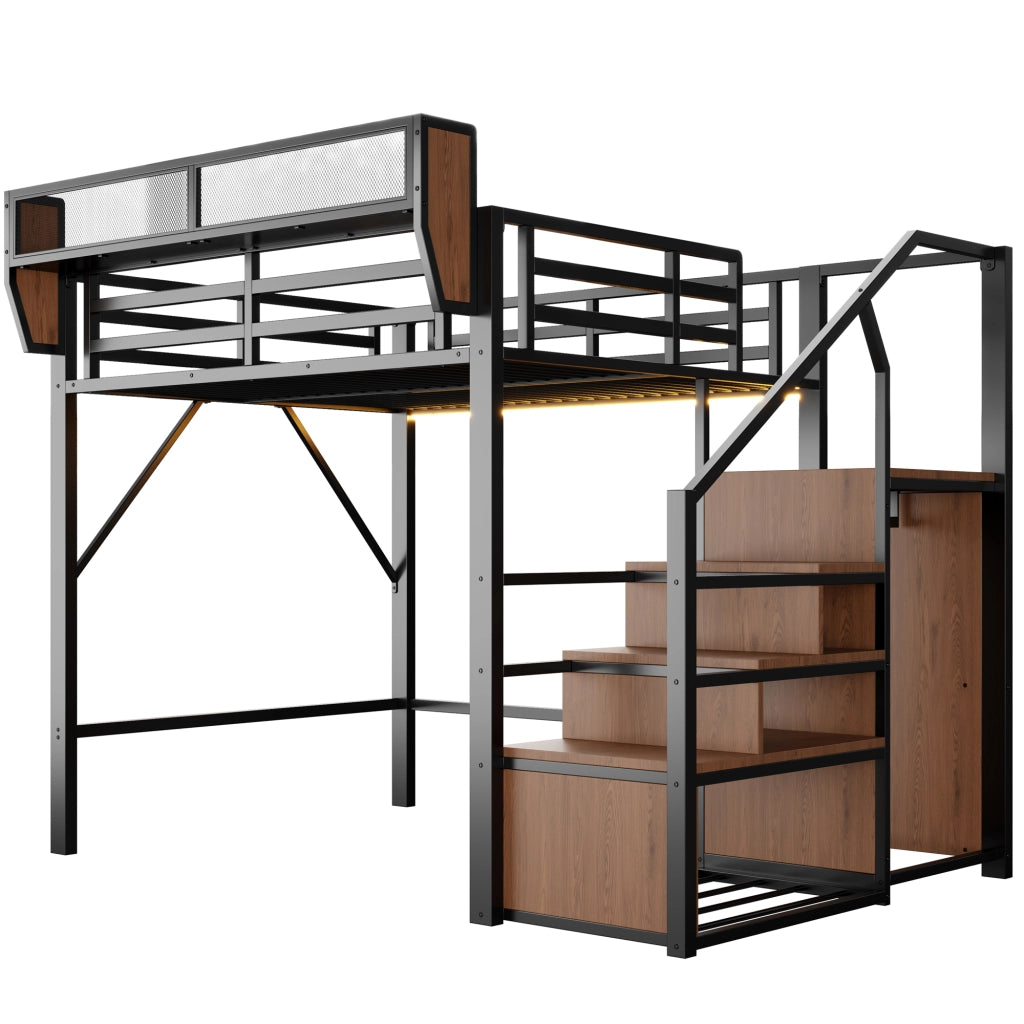 Letto a soppalco 140x200 cm in metallo con scala di sicurezza, ripiani flessibili e striscia LED, nero