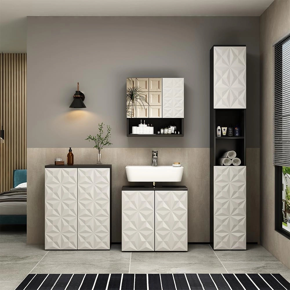 Mobile sottolavabo per bagno Edge, Nero, 60 x 57 cm con 2 porte, per la conservazione in bagno con meccanismo push-to-open