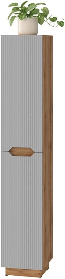 Armadio per il bagno Lotta, Rovere/grigio a righe, 33 x 186 cm con 2 porte