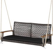 Altalena da Esterno 2 Posti in Rattan PE, Dondolo Sospeso con Cuscini e Braccioli in Legno di Acacia, Carico 360 kg, 131 X 68 X 54 CM, Panca Sospesa per Giardino, Balcone, Terrazza (Nero)