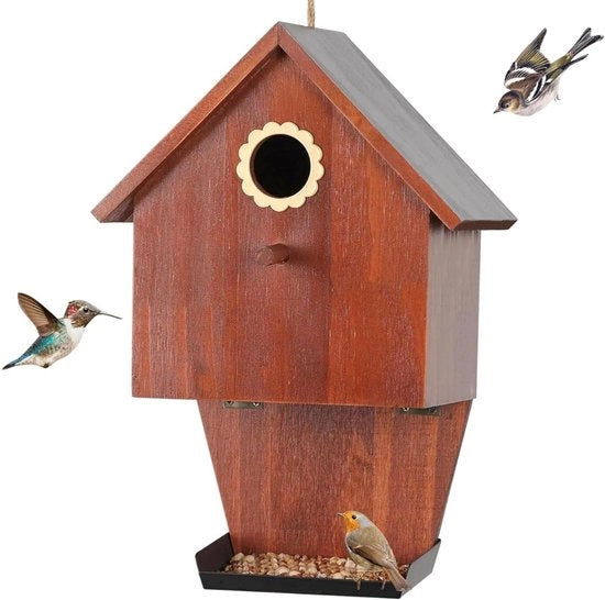 Casa per Uccelli e Picchi con Boccale di Cibo - Box per Nidi Resistenti alle Intemperie per Giardino, Terrazza e Balcone