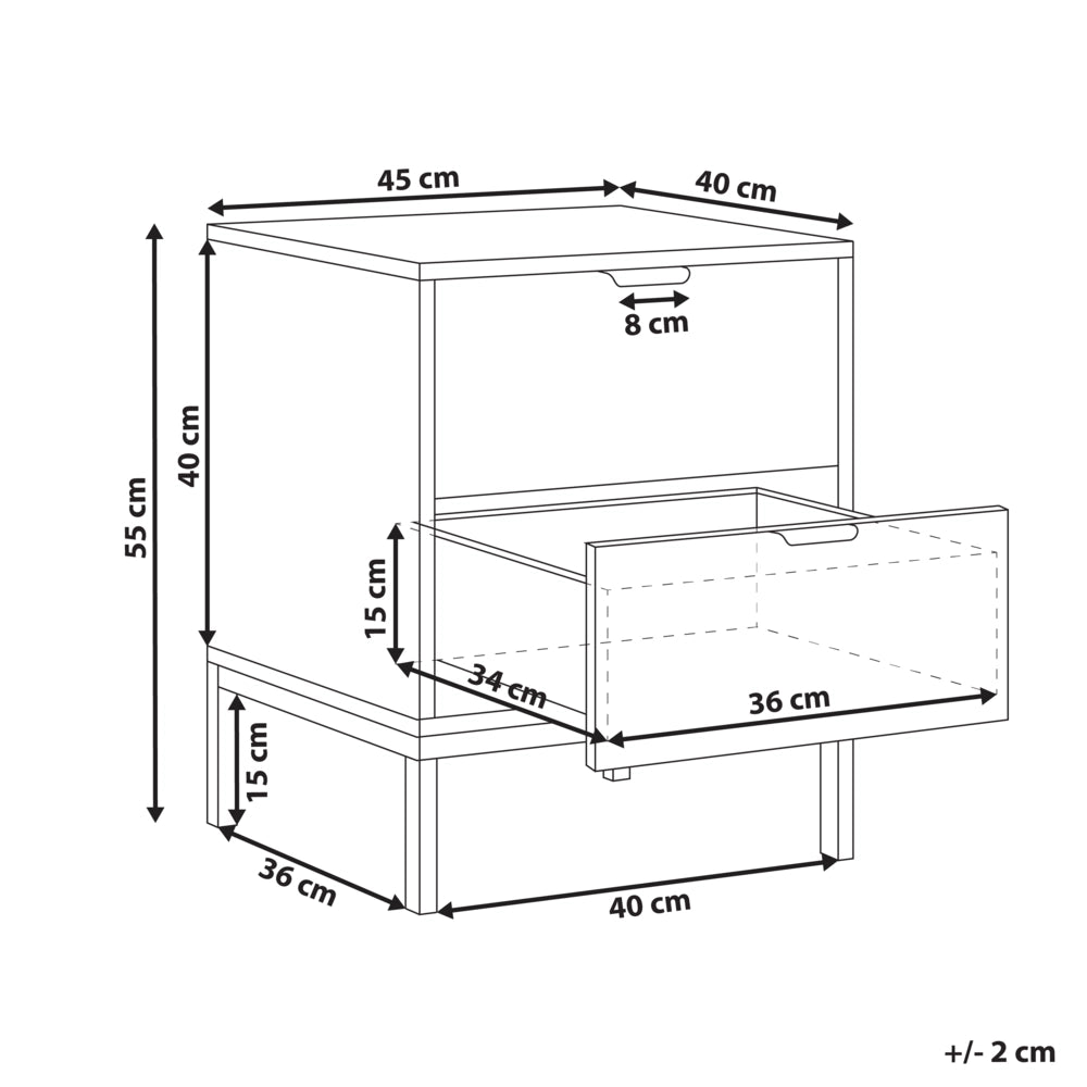 Comodino a 2 cassetti con design scanalato in legno MDF bianco