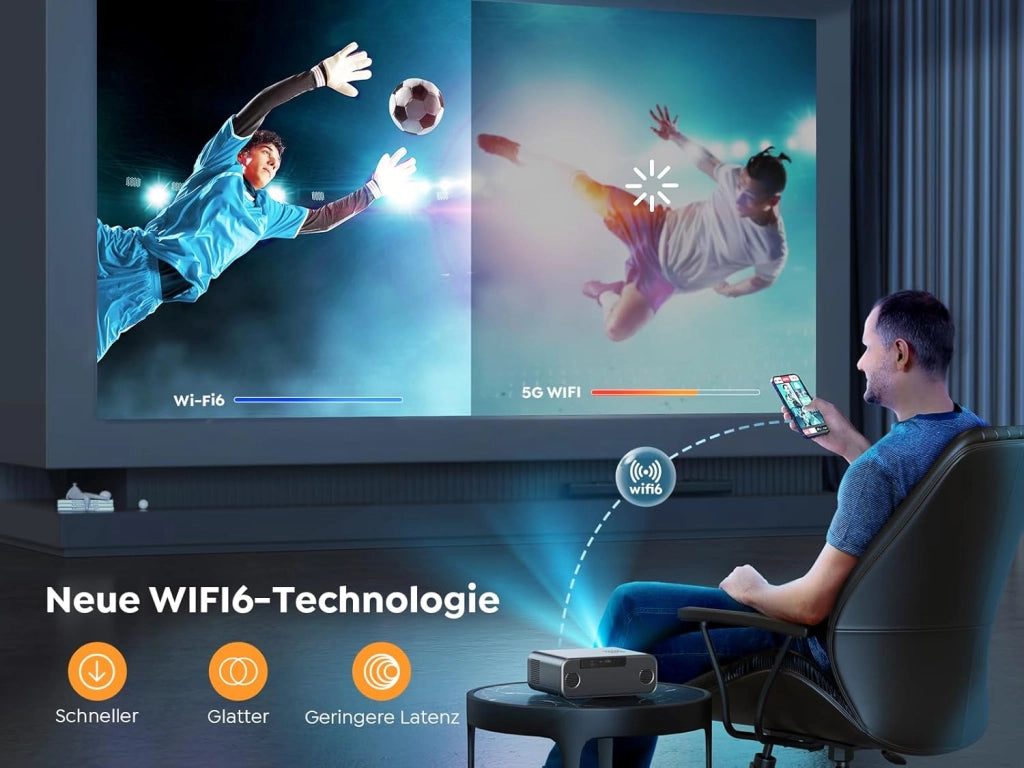 Proiettore YABER Home Cinema, 1080P Full HD compatibile 4K, Autofocus e Correzione Keystone, WiFi 6 Bluetooth Portatile Esterni Schermo 300 Pollici, per Smartphone/Fire TV Stick/PS5