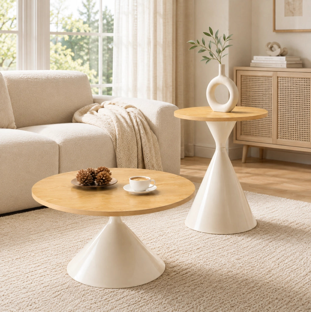 Set di 2 tavolini rotondi in MDF e metallo; ?70 x H40 cm e ?50 x H50 cm