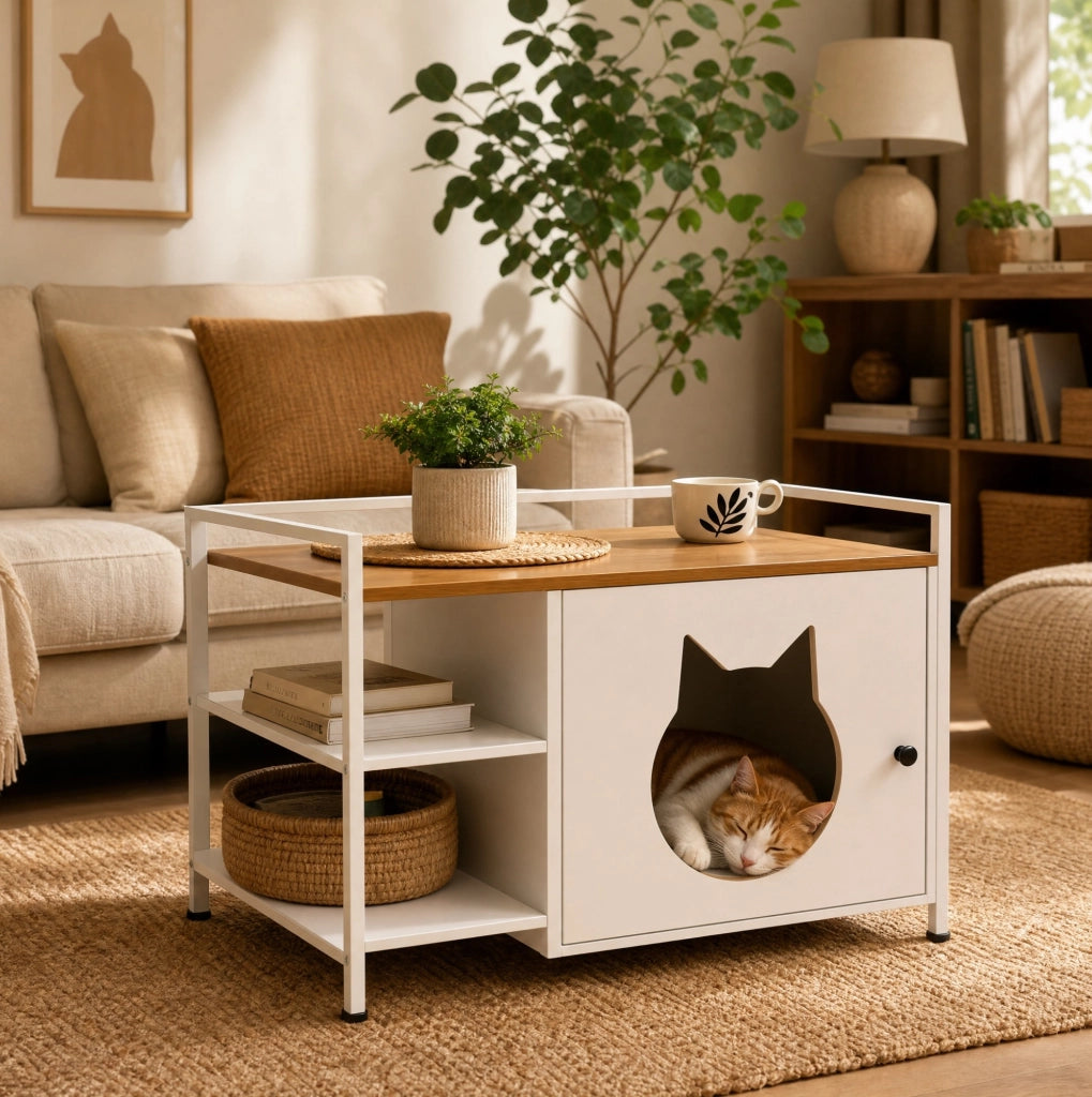 Mobiletto per lettiera per gatti con 2 ripiani aperti; in MDF e metallo; bianco e rovere chiaro